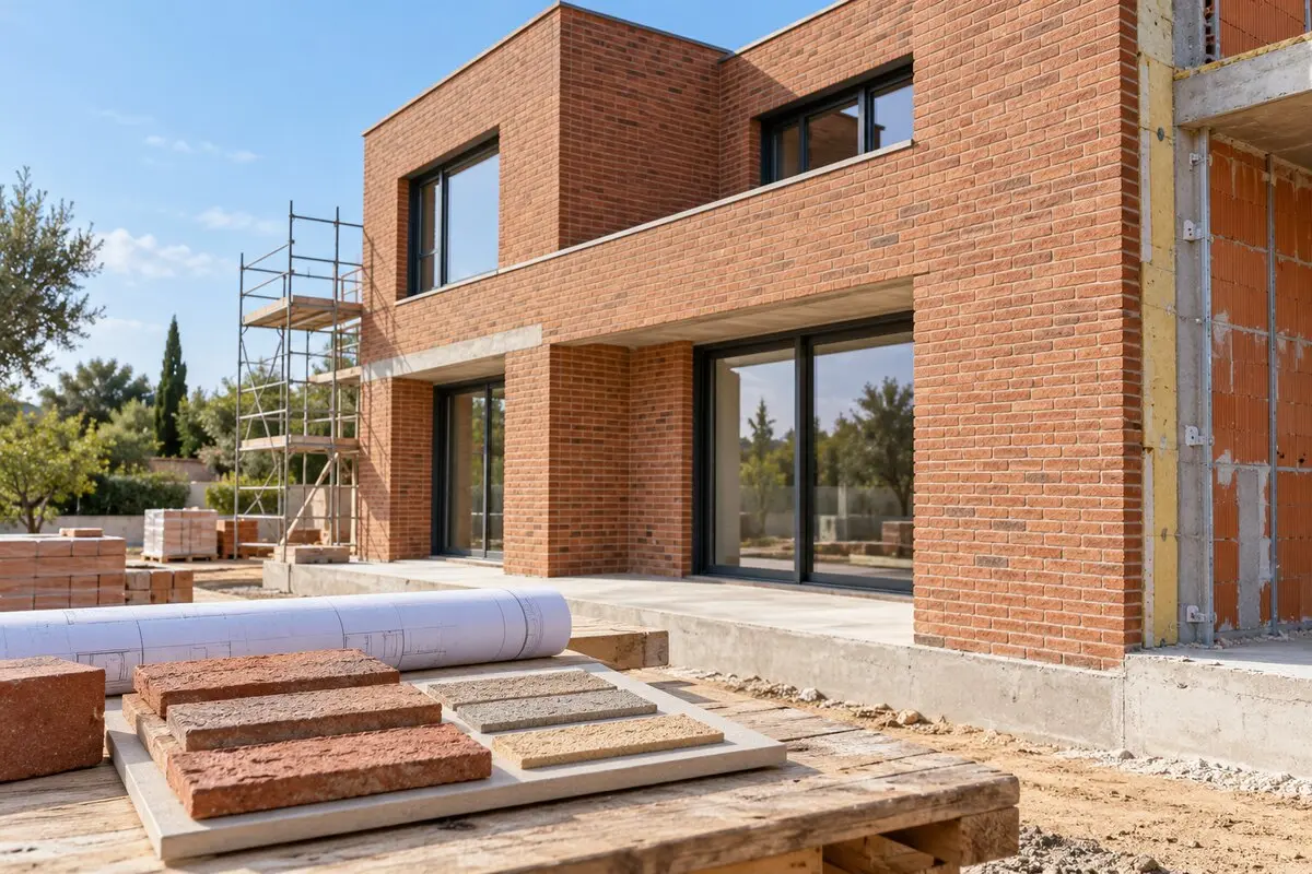 Contemporary house under construction with an exposed-brick facade and brick and mortar samples in the foreground