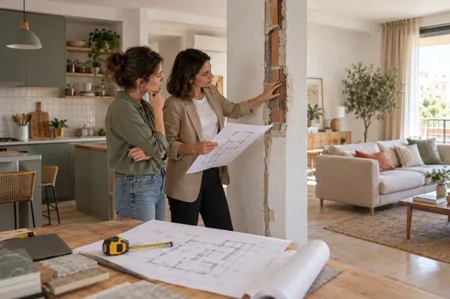 Propietaria y arquitecta revisando planos junto al tabique entre cocina y salón antes de una reforma