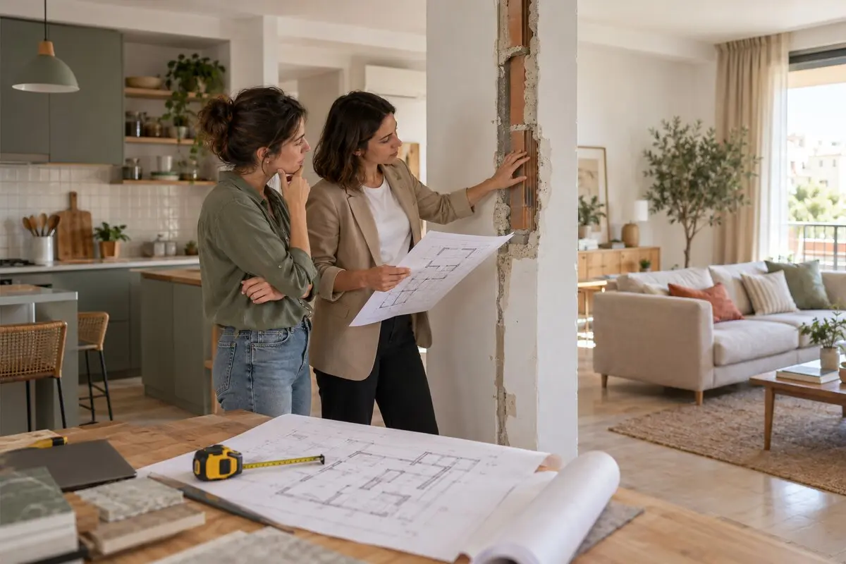 Homeowner and architect reviewing plans beside the partition between the kitchen and living room before renovation