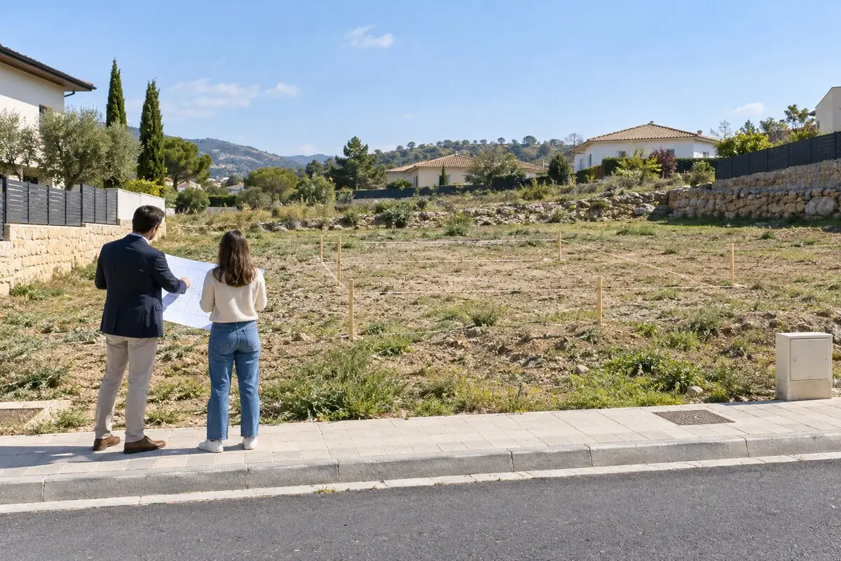 Arquitecte i propietària revisant el plànol d'un solar urbà amb estaques que delimiten la possible petjada de l'habitatge