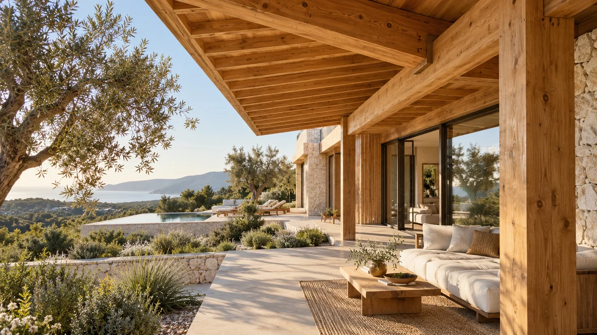 Mediterranes Haus mit sichtbarem Holztragwerk, Balken und Veranda; KI-generierte Illustration, kein dokumentiertes Projekt von Woodper