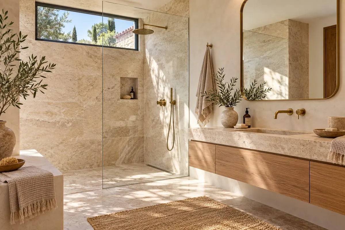 Helles Badezimmer mit Glasdusche, Naturstein und Holzwaschtisch