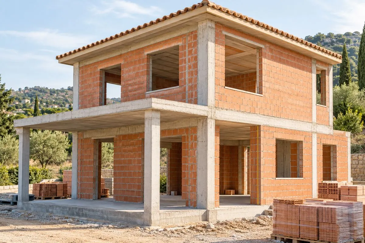 Haus im Bau mit Betonstruktur und Ziegelwänden