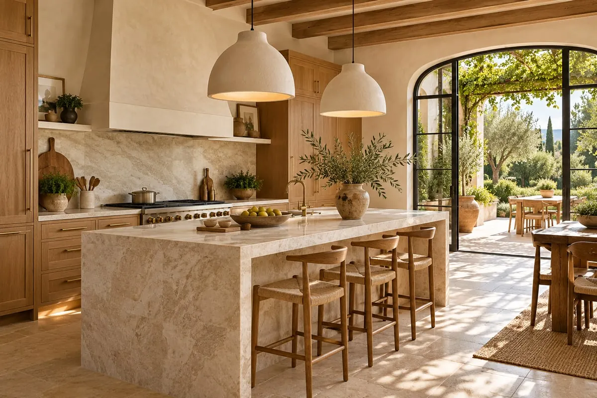 Mediterrane Küche mit Kochinsel, Holz und Zugang zum Garten