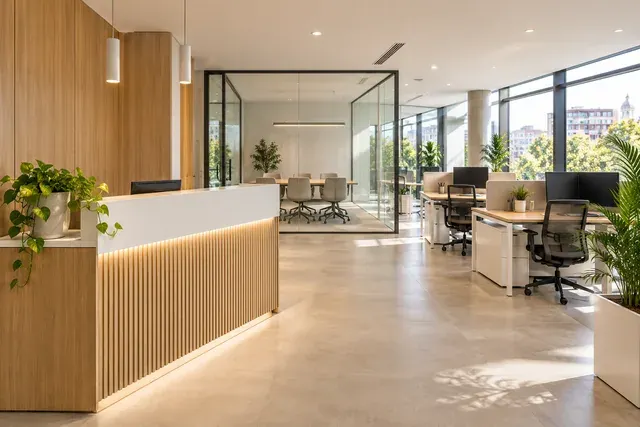 Local reformado con recepción de madera, oficinas y luz natural